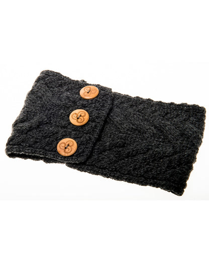 Grey coloured Aran Womens Multi Cable Headband With Buttons on white background 