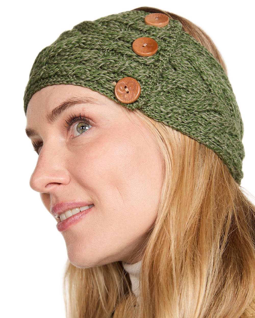 Meadow Green coloured Aran Womens Multi Cable Headband With Buttons on white background 