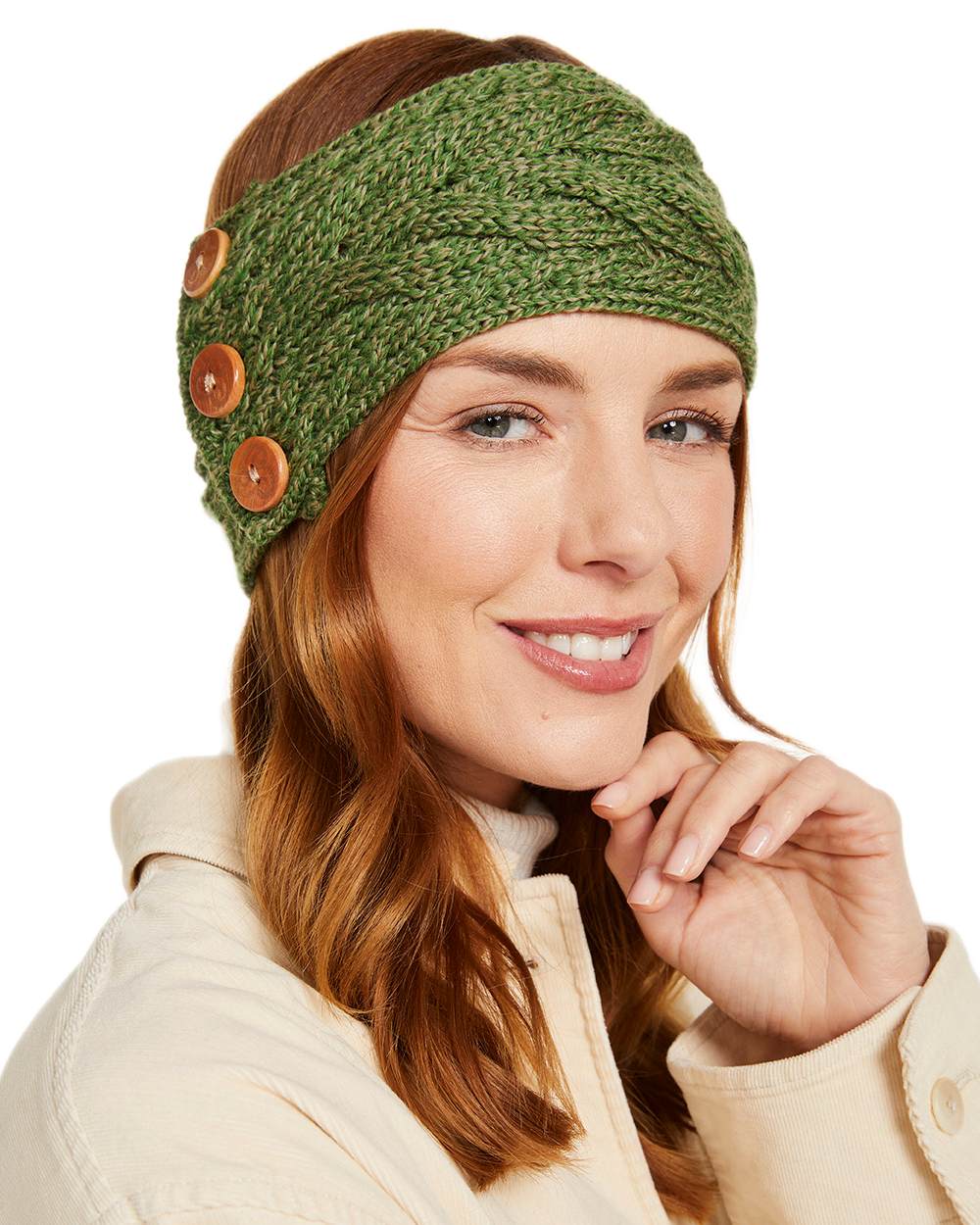 Meadow Green coloured Aran Womens Multi Cable Headband With Buttons on white background 