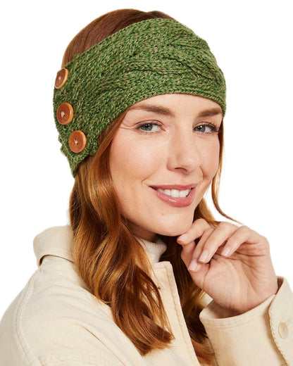 Meadow Green coloured Aran Womens Multi Cable Headband With Buttons on white background 