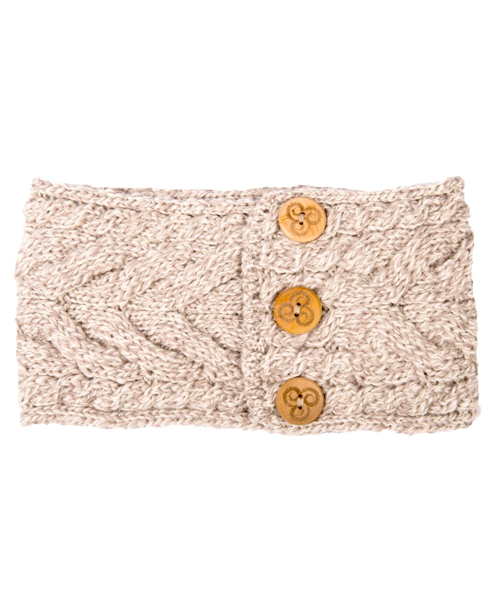 Oat coloured Aran Womens Multi Cable Headband With Buttons on white background 