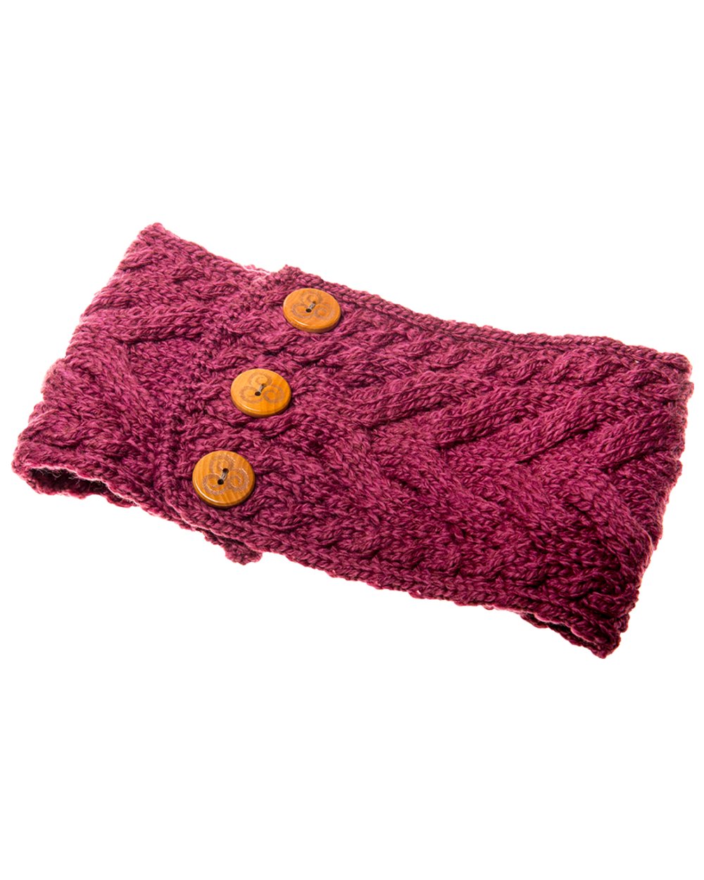 Pink coloured Aran Womens Multi Cable Headband With Buttons on white background 