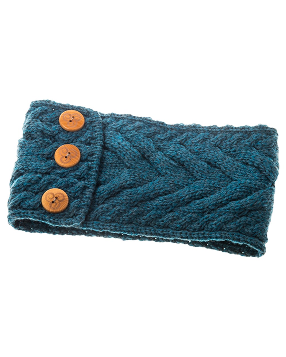 Teal coloured Aran Womens Multi Cable Headband With Buttons on white background 