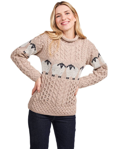Oat Coloured Aran Womens Sheep Pattern Sweater on white background 