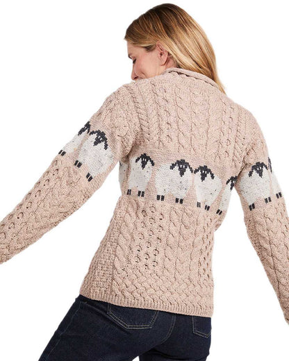 Oat Coloured Aran Womens Sheep Pattern Sweater on white background 