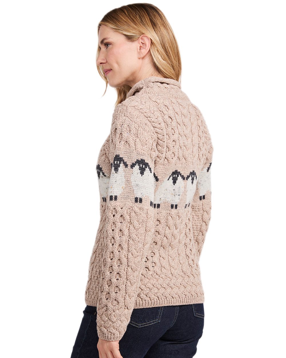 Oat Coloured Aran Womens Sheep Pattern Sweater on white background 