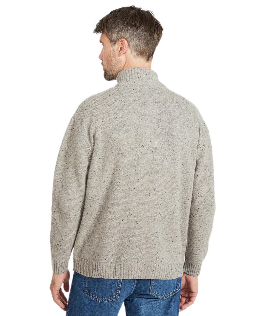 Beige Coloured Aran Wool Zip Neck Sweater on white background 