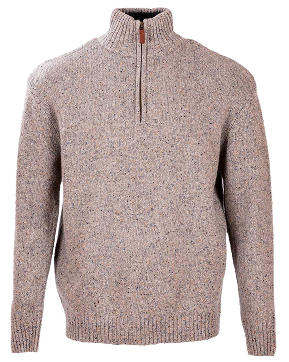 Beige Coloured Aran Wool Zip Neck Sweater on white background 