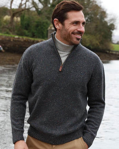 Black Coloured Aran Wool Zip Neck Sweater on river background 