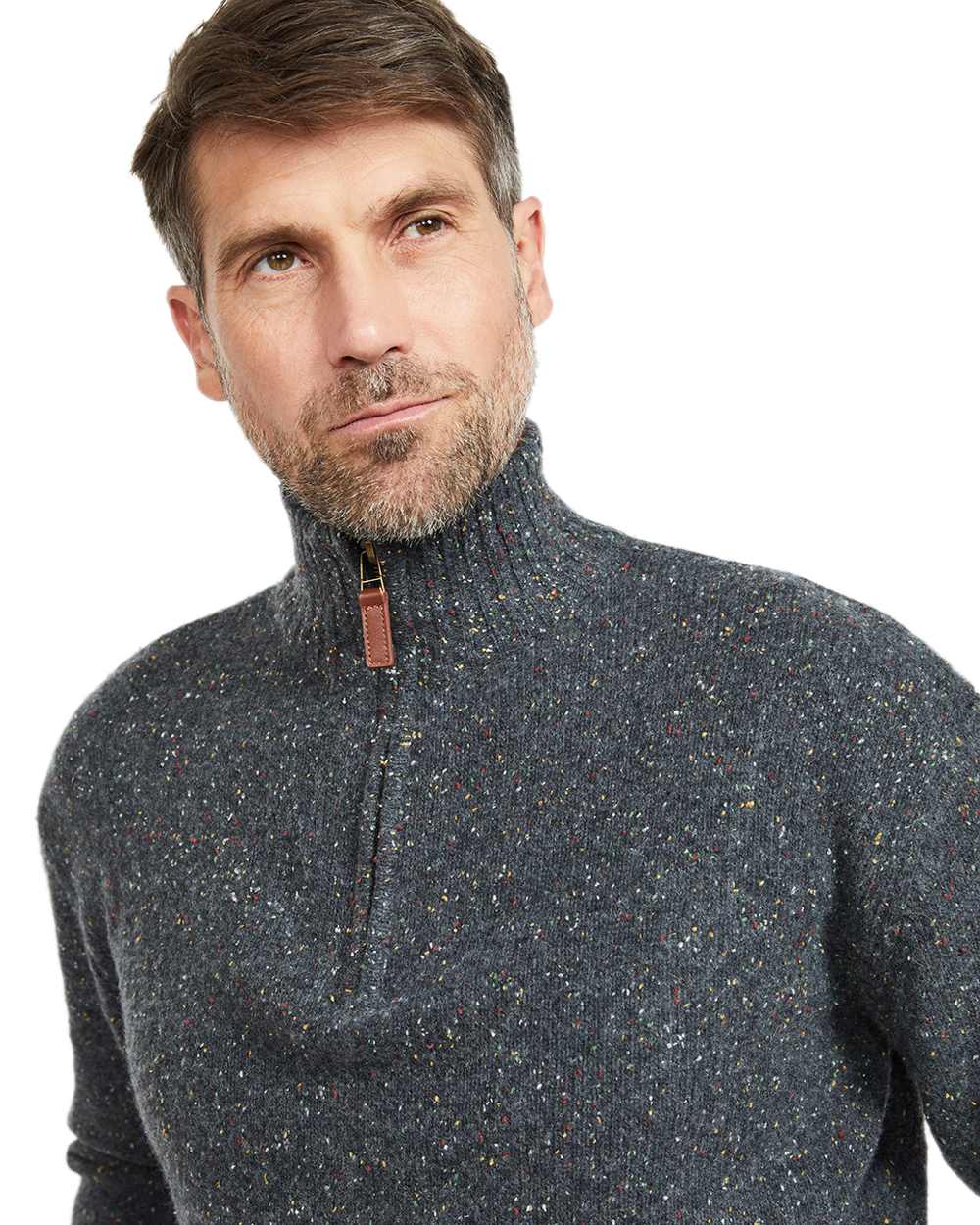 Black Coloured Aran Wool Zip Neck Sweater on white background 