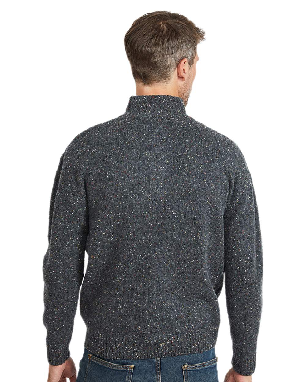 Black Coloured Aran Wool Zip Neck Sweater on white background 