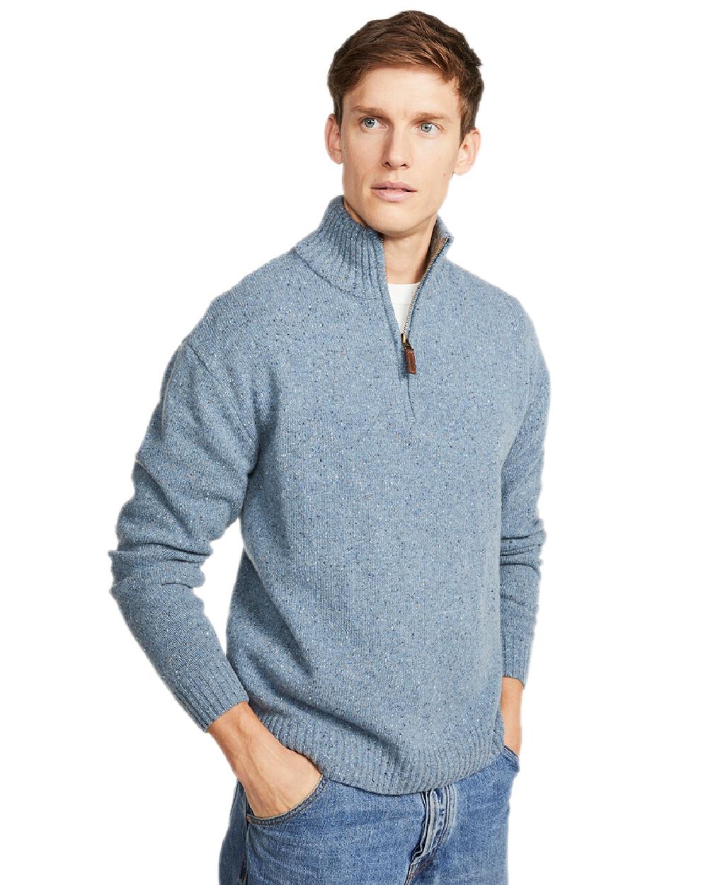 Blue Coloured Aran Wool Zip Neck Sweater on white background 