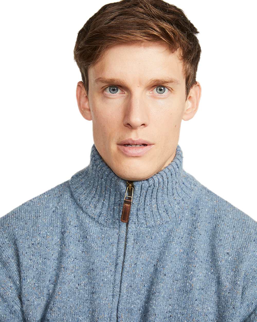 Blue Coloured Aran Wool Zip Neck Sweater on white background 