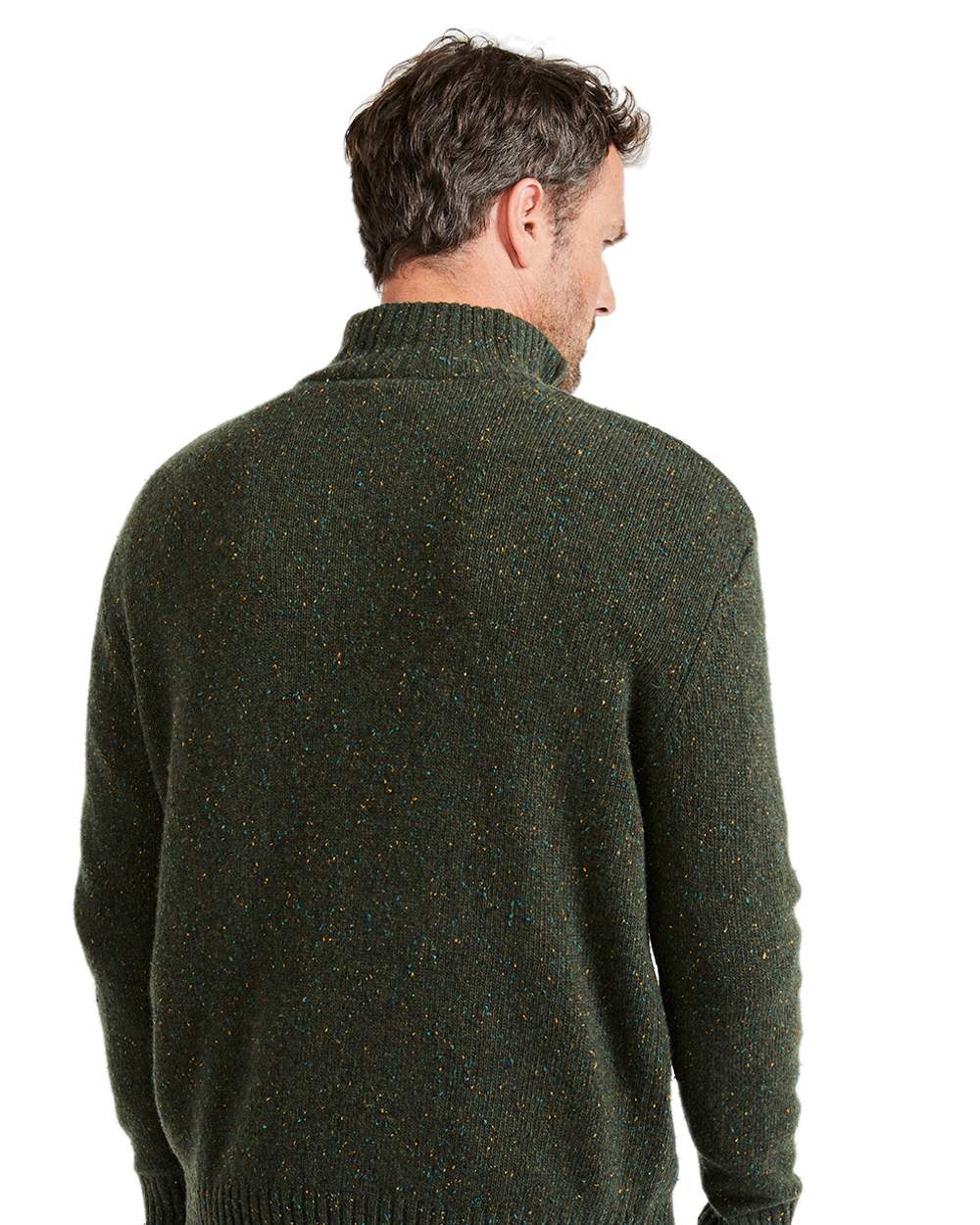 Green Coloured Aran Wool Zip Neck Sweater on white background 