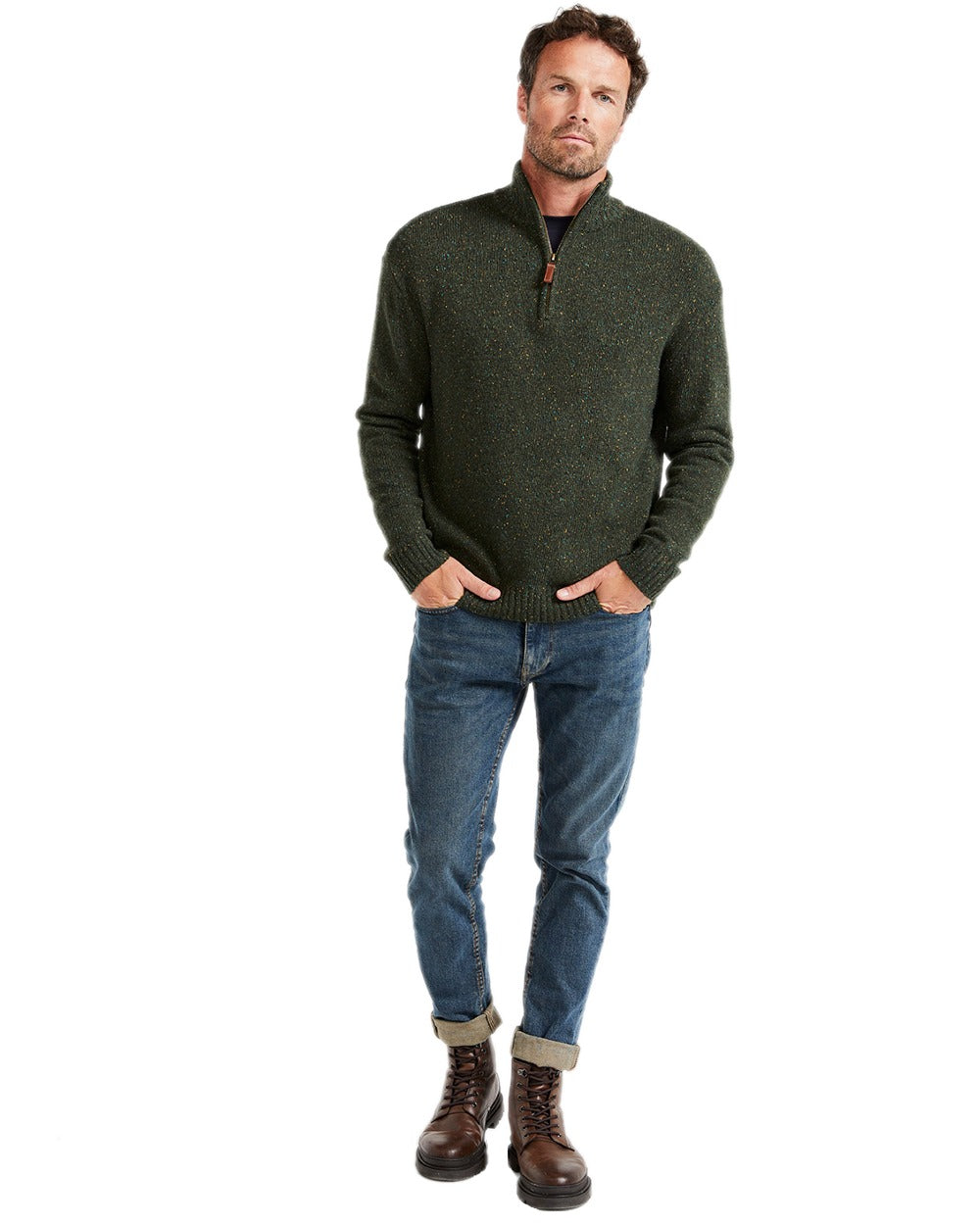 Green Coloured Aran Wool Zip Neck Sweater on white background 