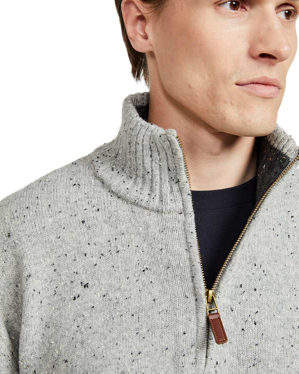 Grey Coloured Aran Wool Zip Neck Sweater on white background 