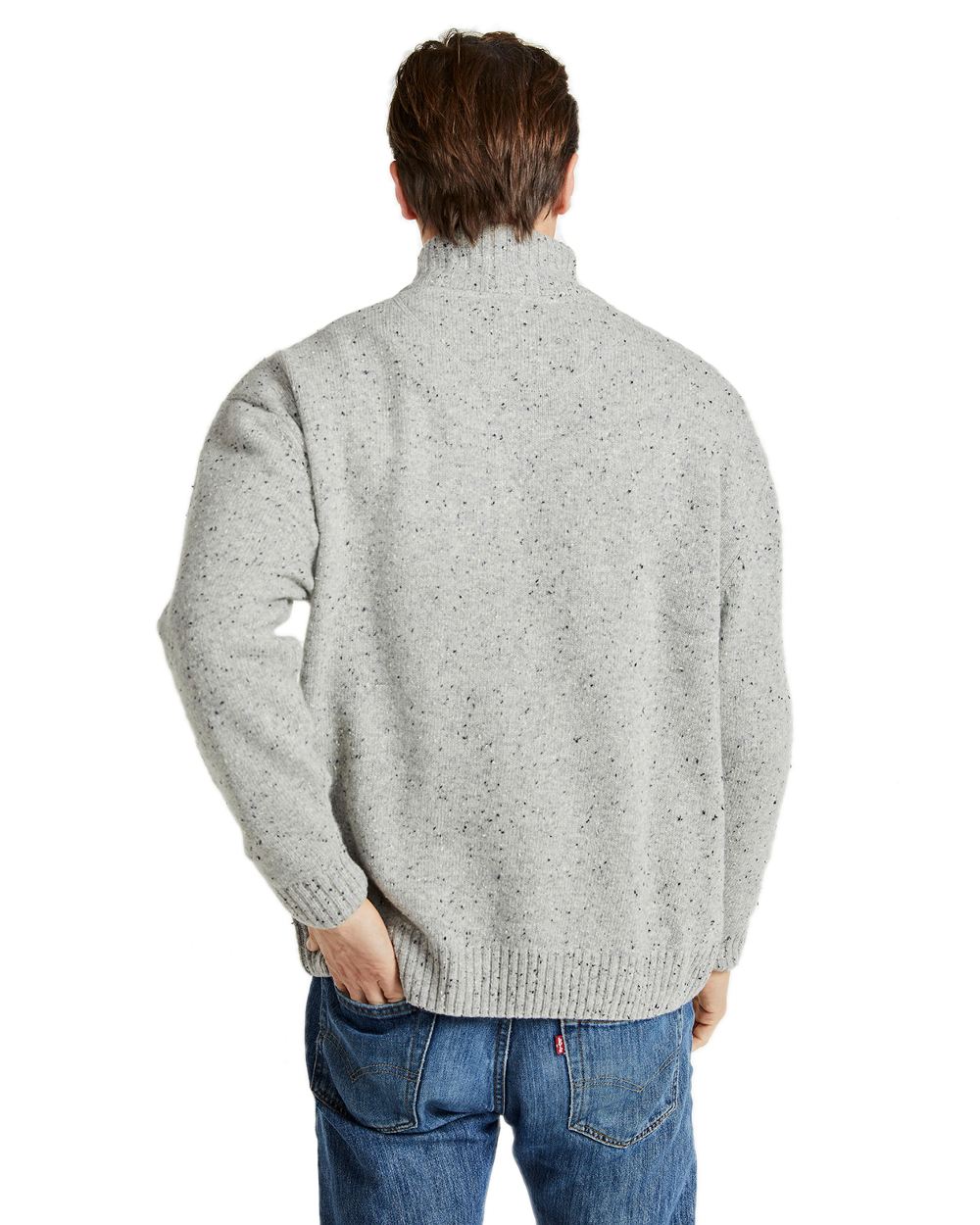 Grey Coloured Aran Wool Zip Neck Sweater on white background 