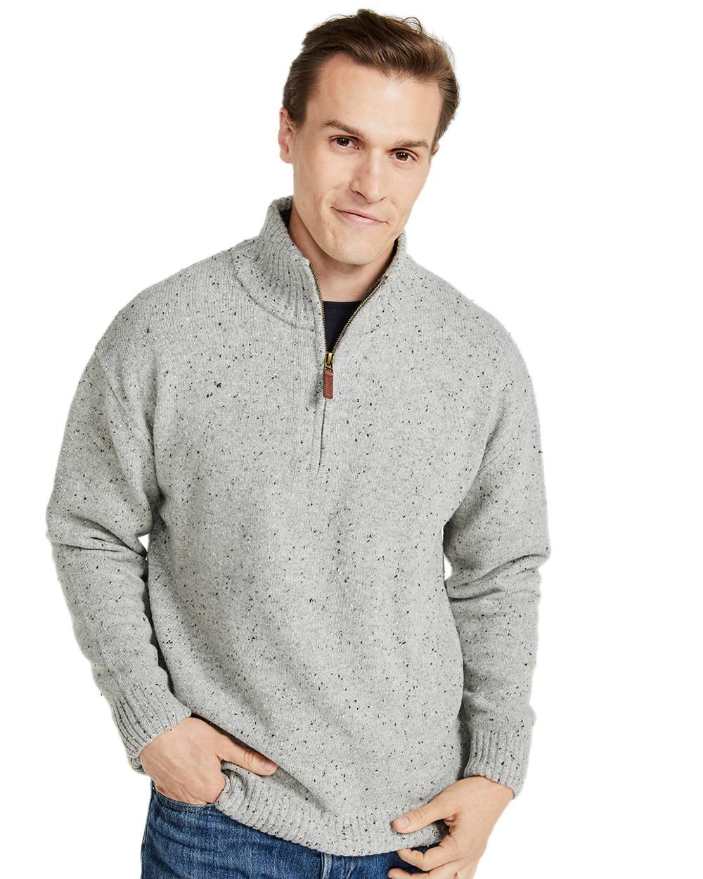 Grey Coloured Aran Wool Zip Neck Sweater on white background 