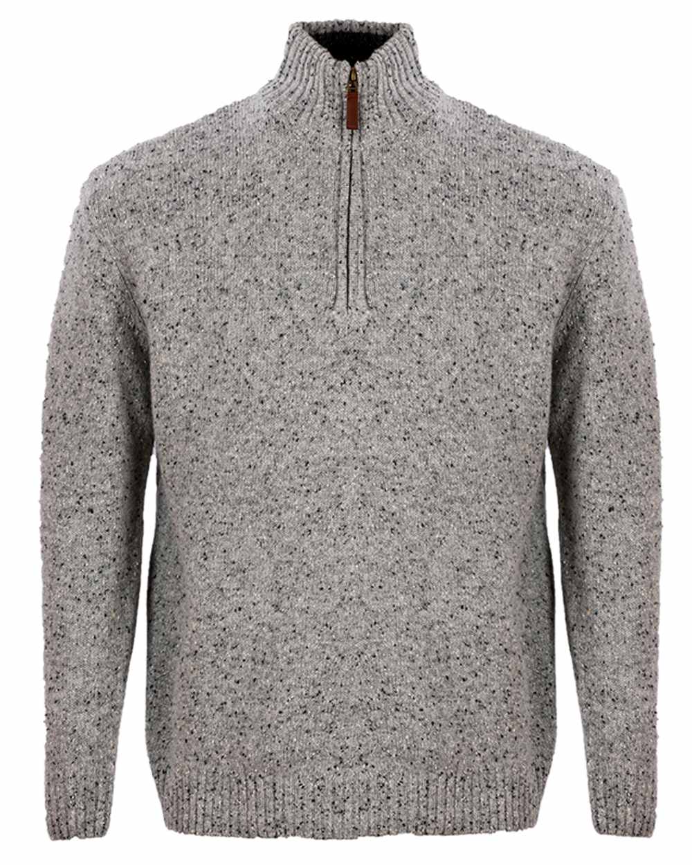 Grey Coloured Aran Wool Zip Neck Sweater on white background 