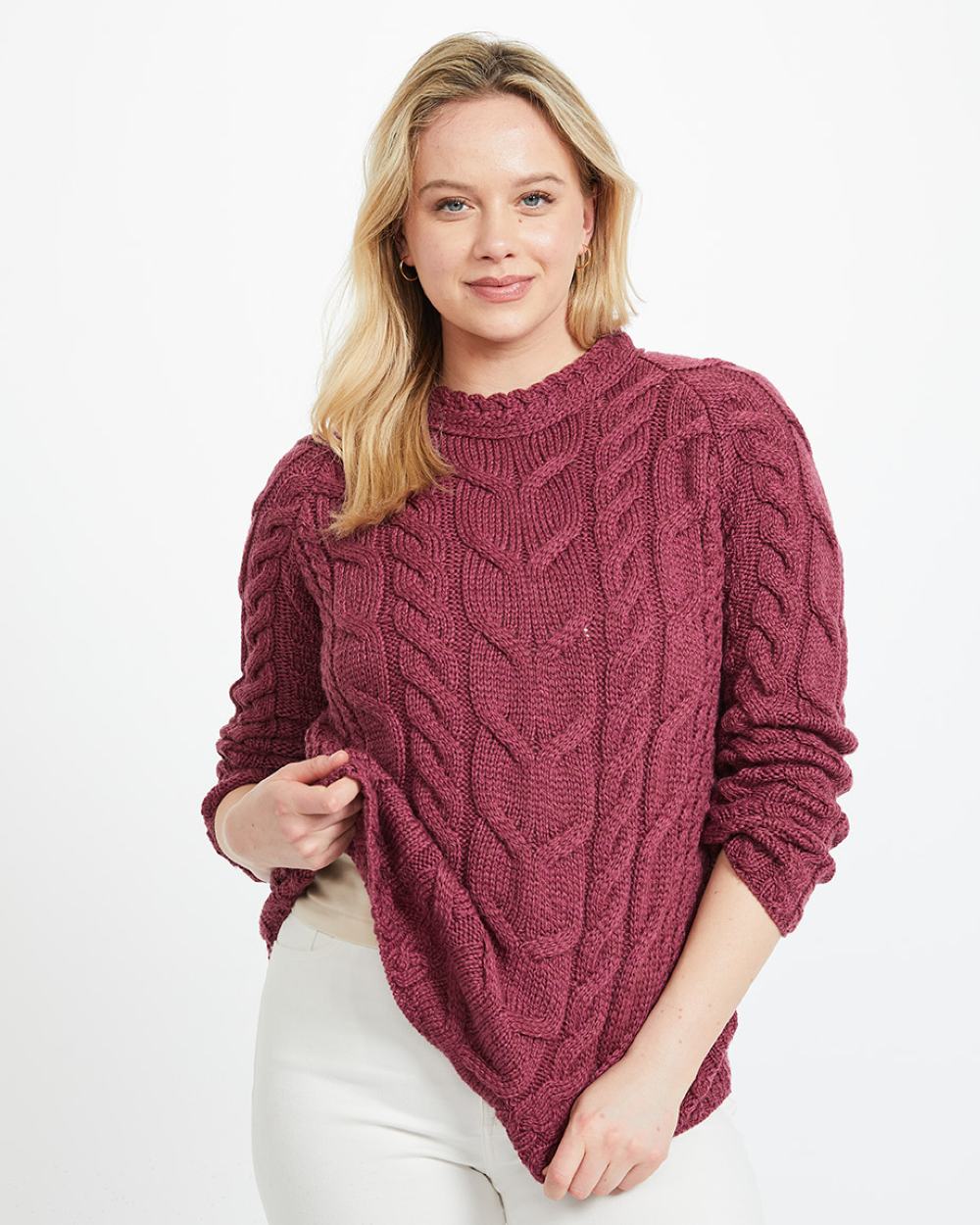 Aran Womens Listowel Cabled Sweater in Raspberry 