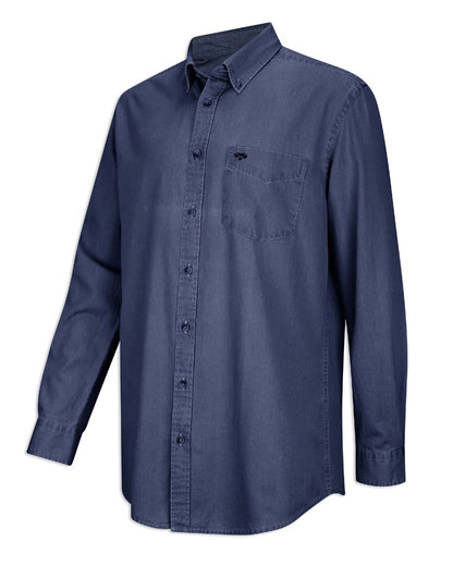 Dark wash coloured Hoggs of Fife Archerfield Denim Shirt on white background  