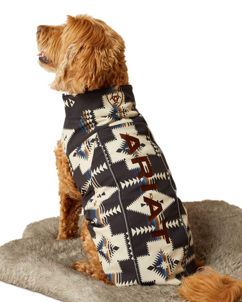 Thornstone Print Coloured Ariat ACC Team Softshell Dog Jacket on white background 