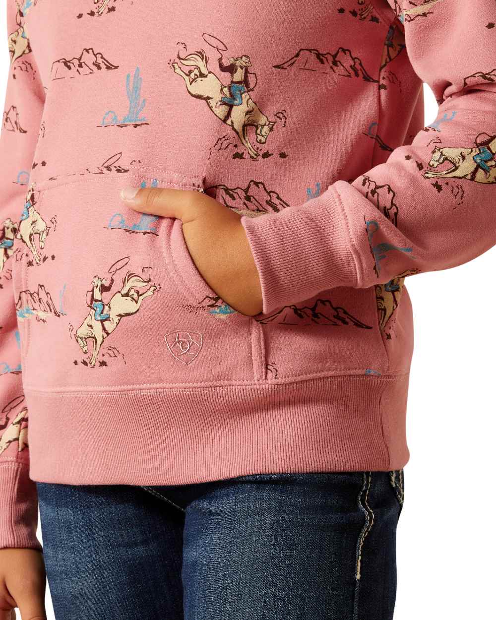 Bronc Toile Coloured Ariat Childrens Bronc Scene Quarter Zip Sweatshirt on white background 