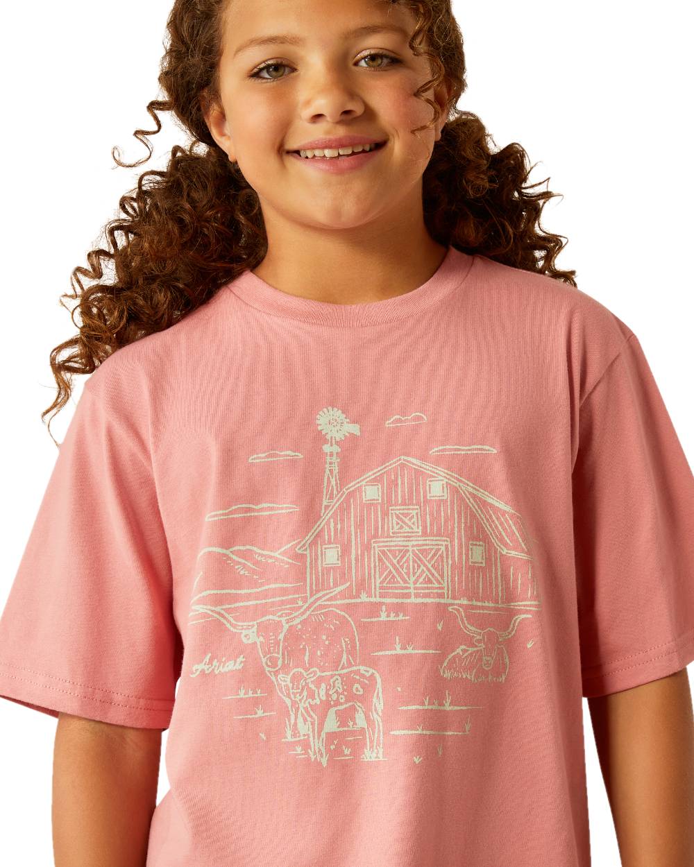 Dusty Rose coloured Ariat Childrens Farm Scene Short Sleeve T-Shirt on white background 