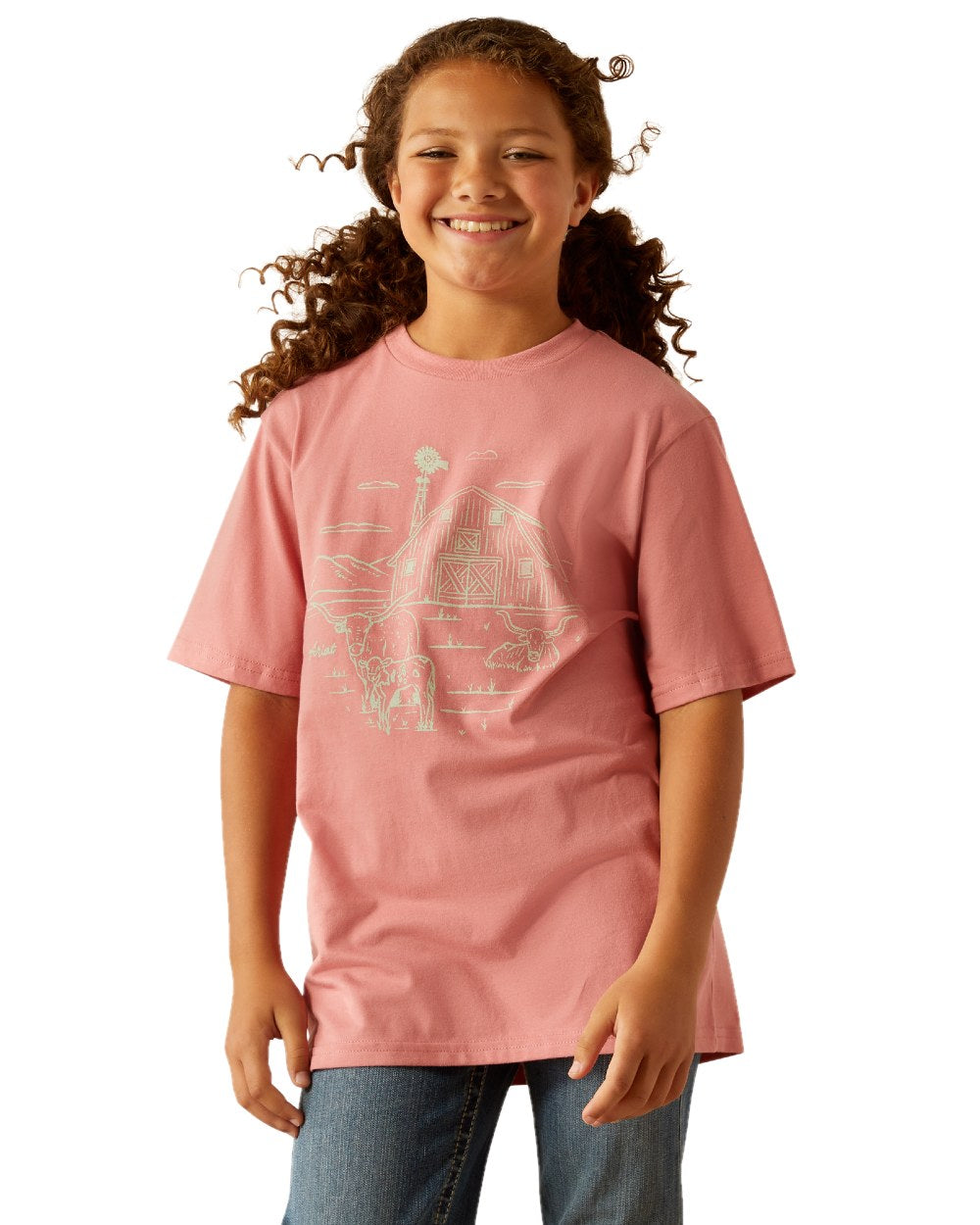 Dusty Rose coloured Ariat Childrens Farm Scene Short Sleeve T-Shirt on white background 