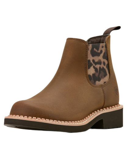 Distressed Brown coloured Ariat Childrens Fatbaby Chelsea Western Boots on white background 