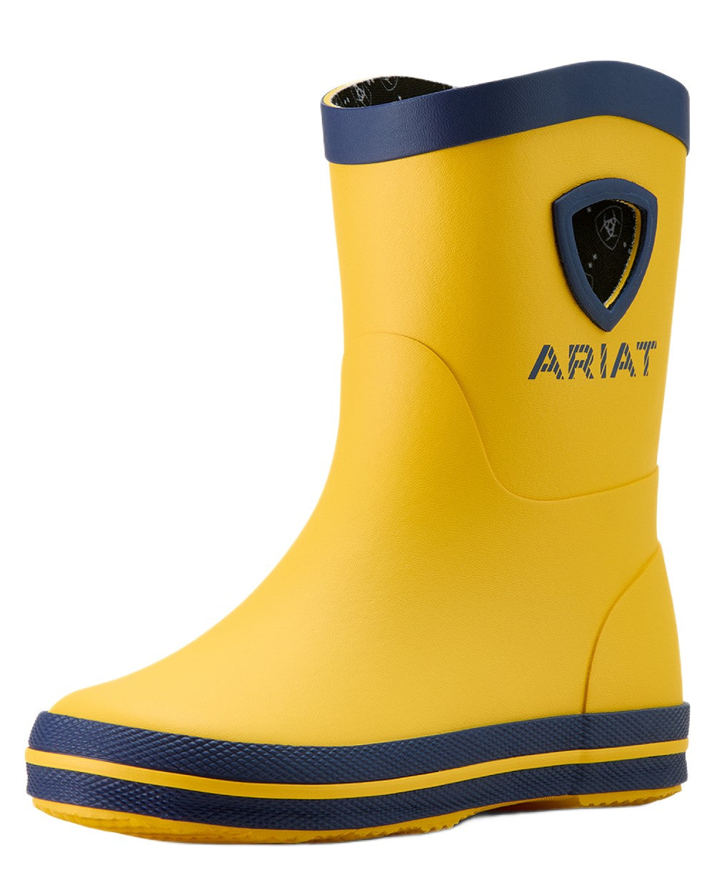 Yellow coloured Ariat Childrens Kelmarsh Rubber Boots on white background 