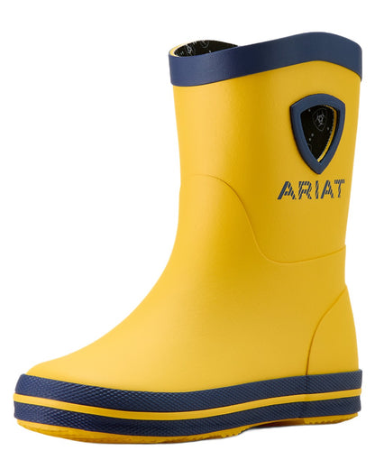 Yellow coloured Ariat Childrens Kelmarsh Rubber Boots on white background 