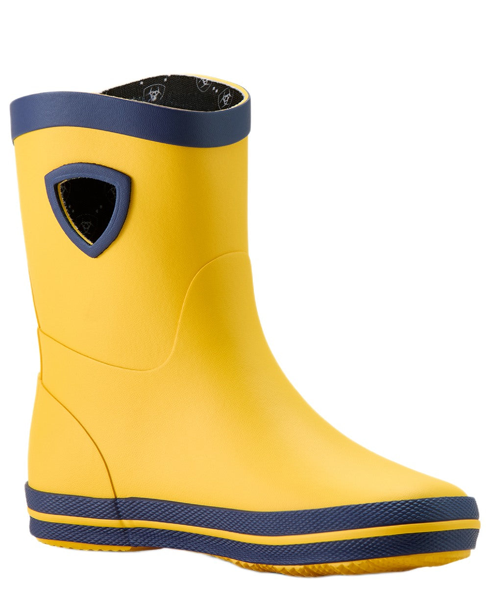 Yellow coloured Ariat Childrens Kelmarsh Rubber Boots on white background 