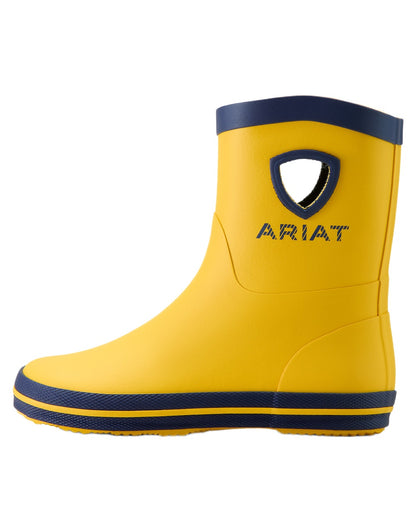 Yellow coloured Ariat Childrens Kelmarsh Rubber Boots on white background 