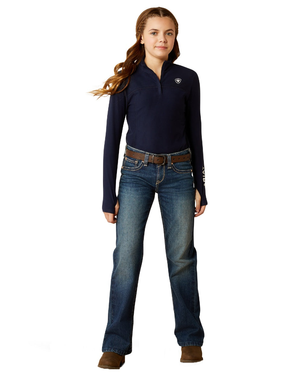 Navy Coloured Ariat Childrens Lowell 3.0 Quarter Zip Baselayer on white background 