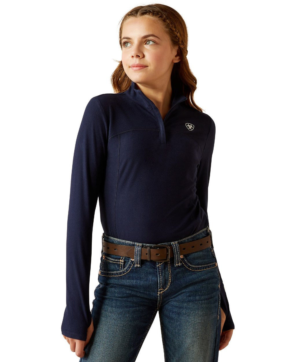 Navy Coloured Ariat Childrens Lowell 3.0 Quarter Zip Baselayer on white background 