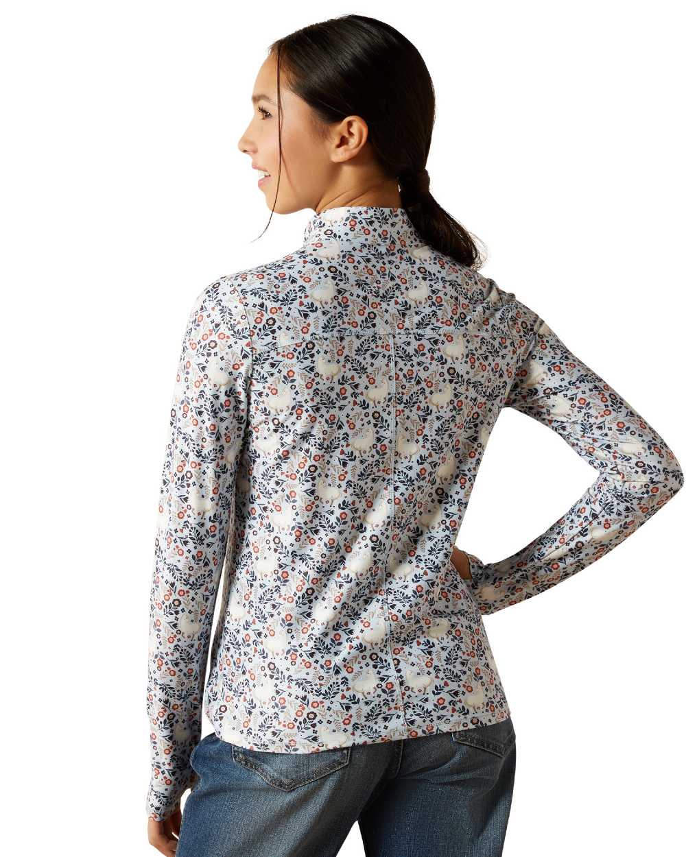 Posey Pony Print Coloured Ariat Childrens Lowell 3.0 Quarter Zip Baselayer on white background 