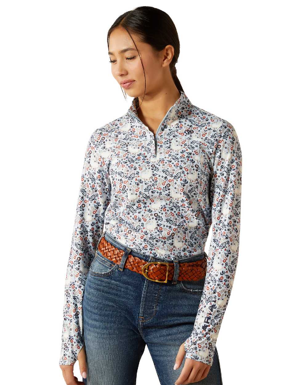 Posey Pony Print Coloured Ariat Childrens Lowell 3.0 Quarter Zip Baselayer on white background 