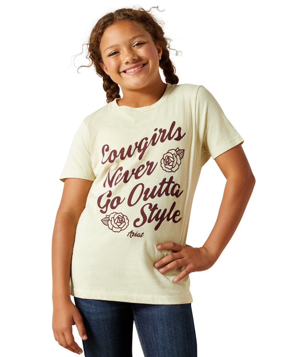 Wheat Coloured Ariat Childrens Never Outta Style T-Shirt on white background 