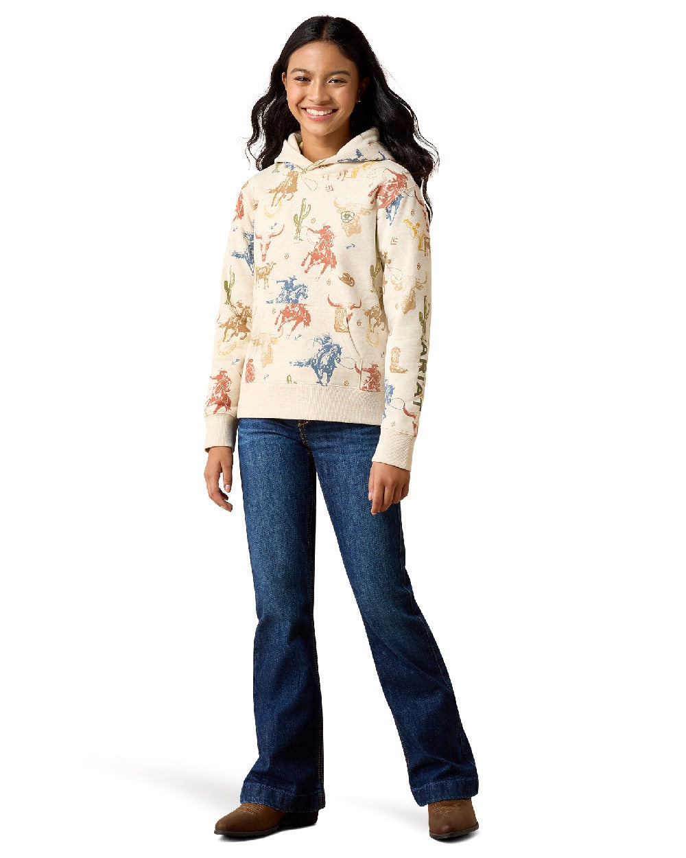 Desert Run Toile coloured Ariat Childrens Ranch Tale Hoodie on white background 