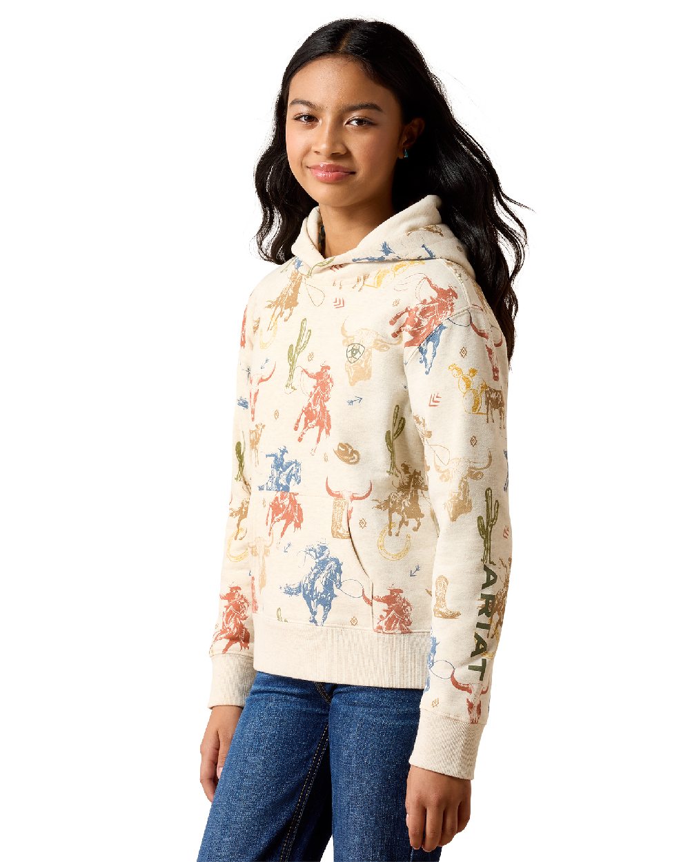 Desert Run Toile coloured Ariat Childrens Ranch Tale Hoodie on white background 