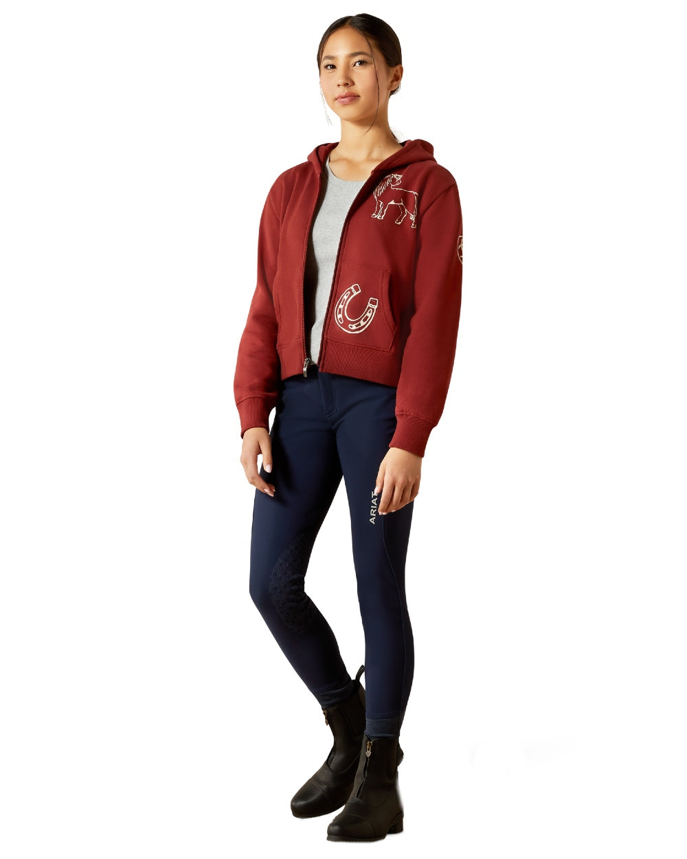 Madder Brown Coloured Ariat Childrens Spiffy Full Zip Sweatshirt on white background 