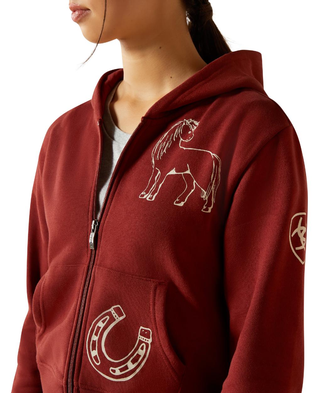 Madder Brown Coloured Ariat Childrens Spiffy Full Zip Sweatshirt on white background 