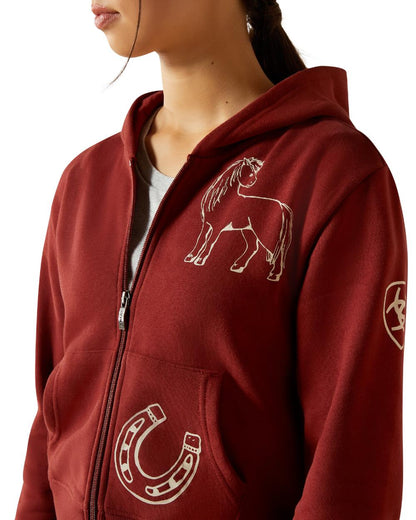 Madder Brown Coloured Ariat Childrens Spiffy Full Zip Sweatshirt on white background 