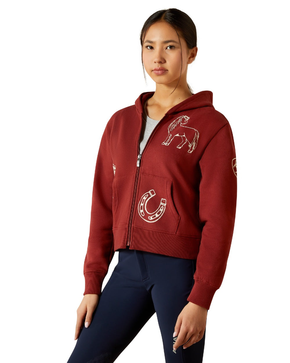 Madder Brown Coloured Ariat Childrens Spiffy Full Zip Sweatshirt on white background 