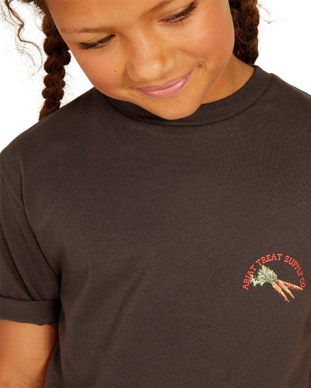 Vintage Black coloured Ariat Childrens Treat Supply T-Shirt on white background 