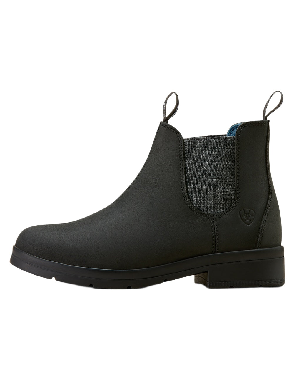 Black coloured Ariat Childrens Whitby Chelsea Boots on white background 