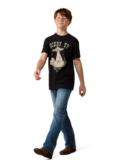 Black coloured Ariat Cowboy Way Up T-Shirt on white background 