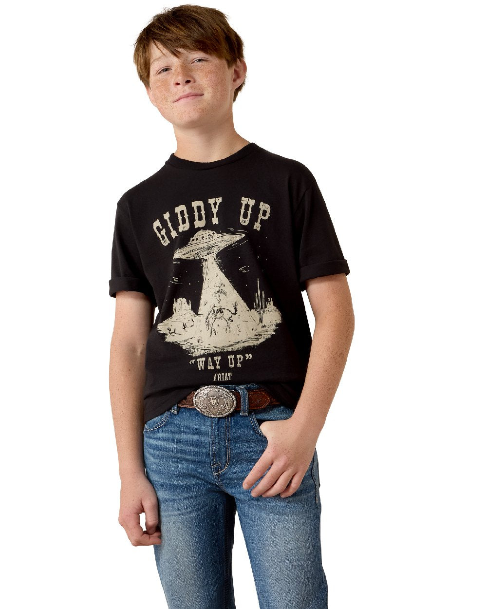 Black coloured Ariat Cowboy Way Up T-Shirt on white background 