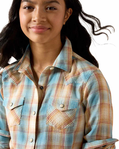 Multi coloured Ariat Creekside Western Snap Shirt on beige background 